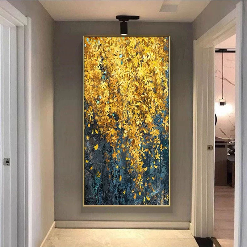 发财树手绘油画入户玄关装饰画大芬村油画迎春花客厅走廊过道挂画