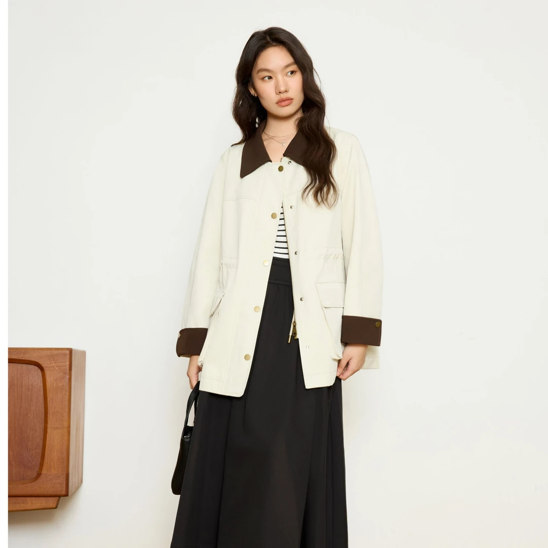 独束微胖大码女装撞色抽绳一手长风衣复古收腰显瘦外套25DS81201