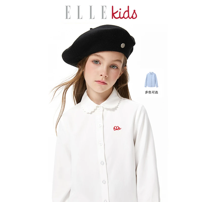 【ELLEkids】童装 法式学院娃娃领柔丝绒刺绣衬衫女童秋季新款上衣