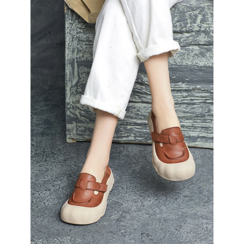 2025春季新款风真皮手工圆头平跟魔术贴单鞋娃娃鞋休闲乐福鞋