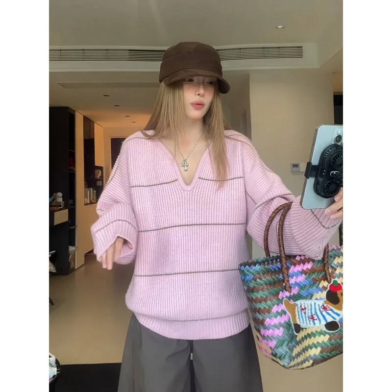 大码胖MM粉色V领条纹长袖针织衫女2025新款早秋季宽松遮肚子上衣