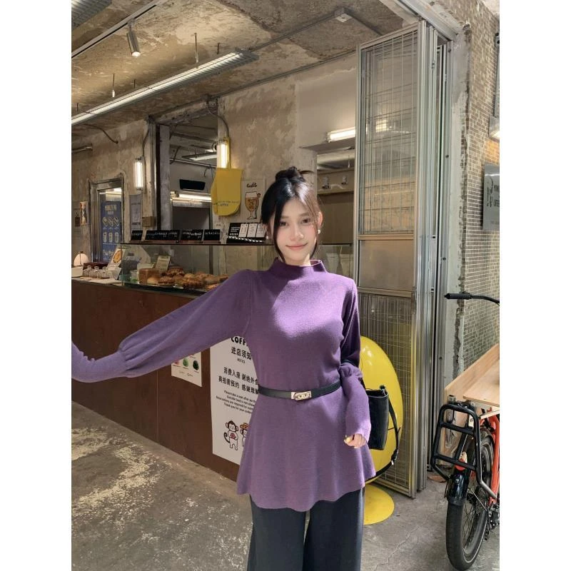 配皮带秋冬加厚毛衣女秋冬新款半高领灯笼袖针织显瘦收腰内搭上衣