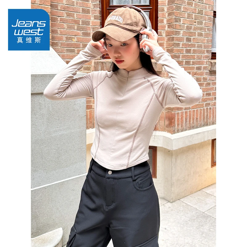 真维斯内搭打底衫女2025新款冬季学生修身半高领长袖加绒加厚上衣
