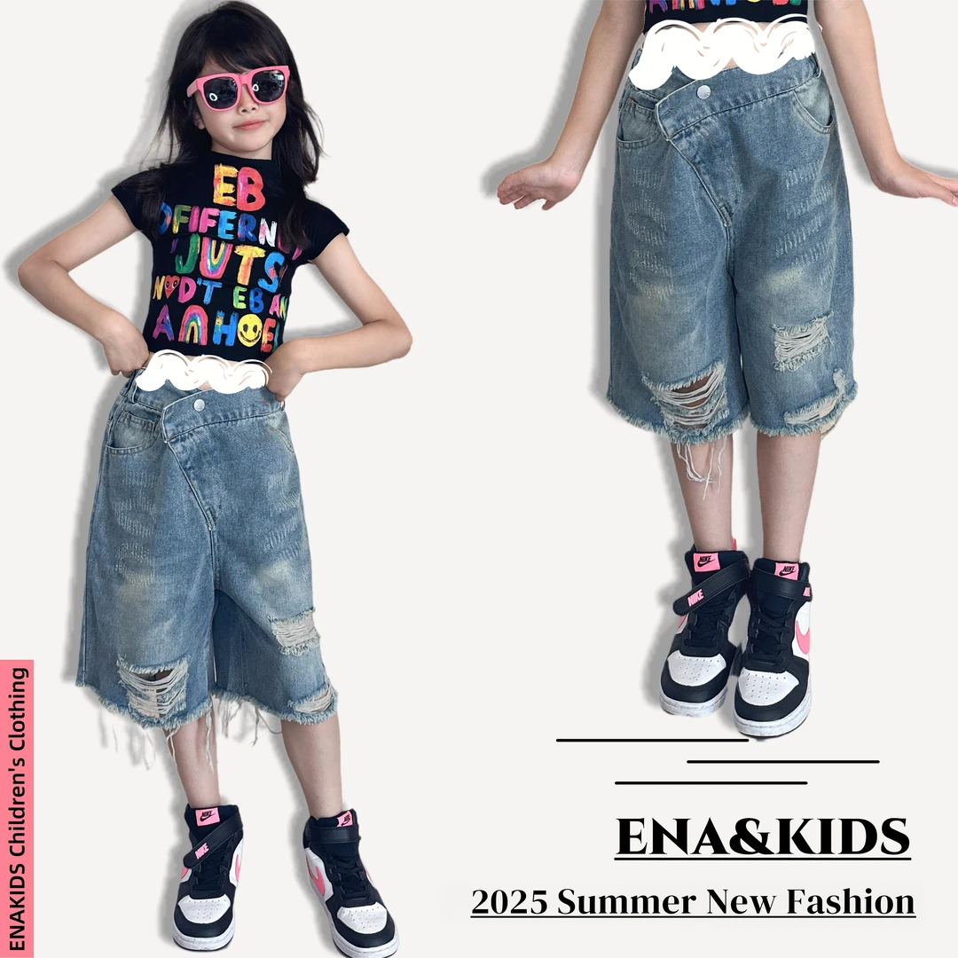 ENA恩娜kids【东京漫步】夏季女童斜门襟牛仔中裤破洞牛仔五分裤
