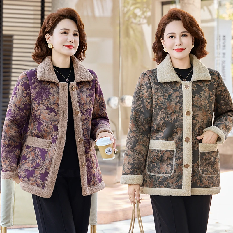 洋气妈妈秋冬装碎花加绒加厚外套中老年女宽松休闲保暧颗粒绒上衣