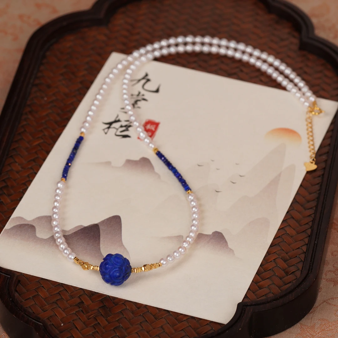 天然珍珠项链青金石花花单珠设计款—S925银—多样性发其一