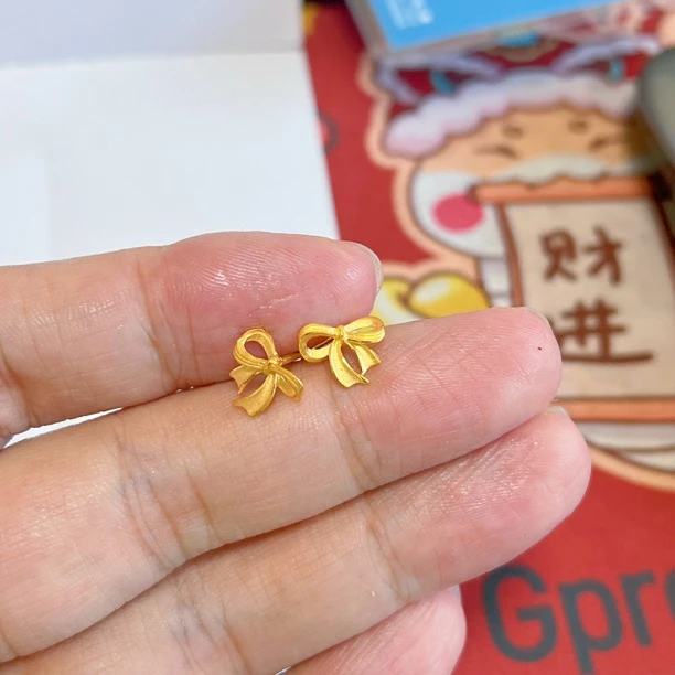 足金999丝带蝴蝶结耳钉弯钩在逃公主时尚黄金