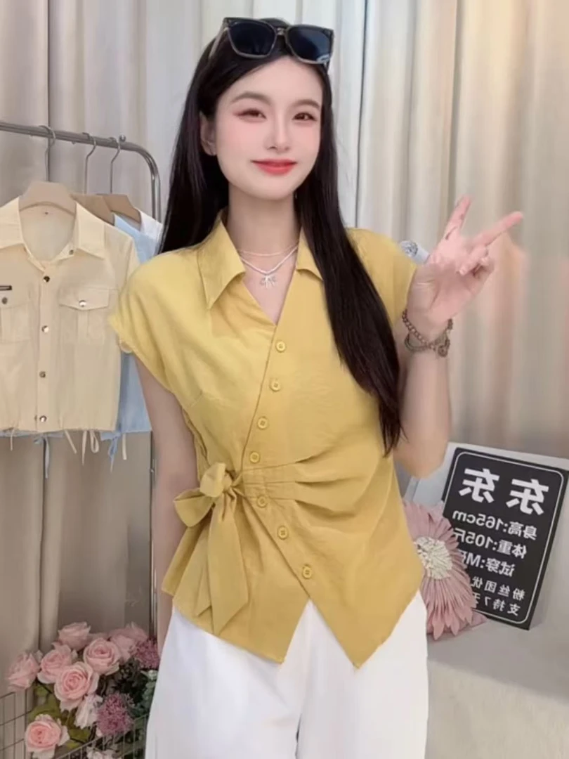 不对称绑带收腰气质短袖衬衫女2025夏季新款显瘦纯色简约百搭上衣