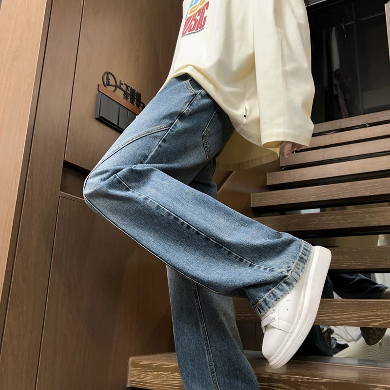 男士弯刀牛仔裤男春秋季cleanfit腿粗显瘦裤子微喇直筒弹力牛仔裤