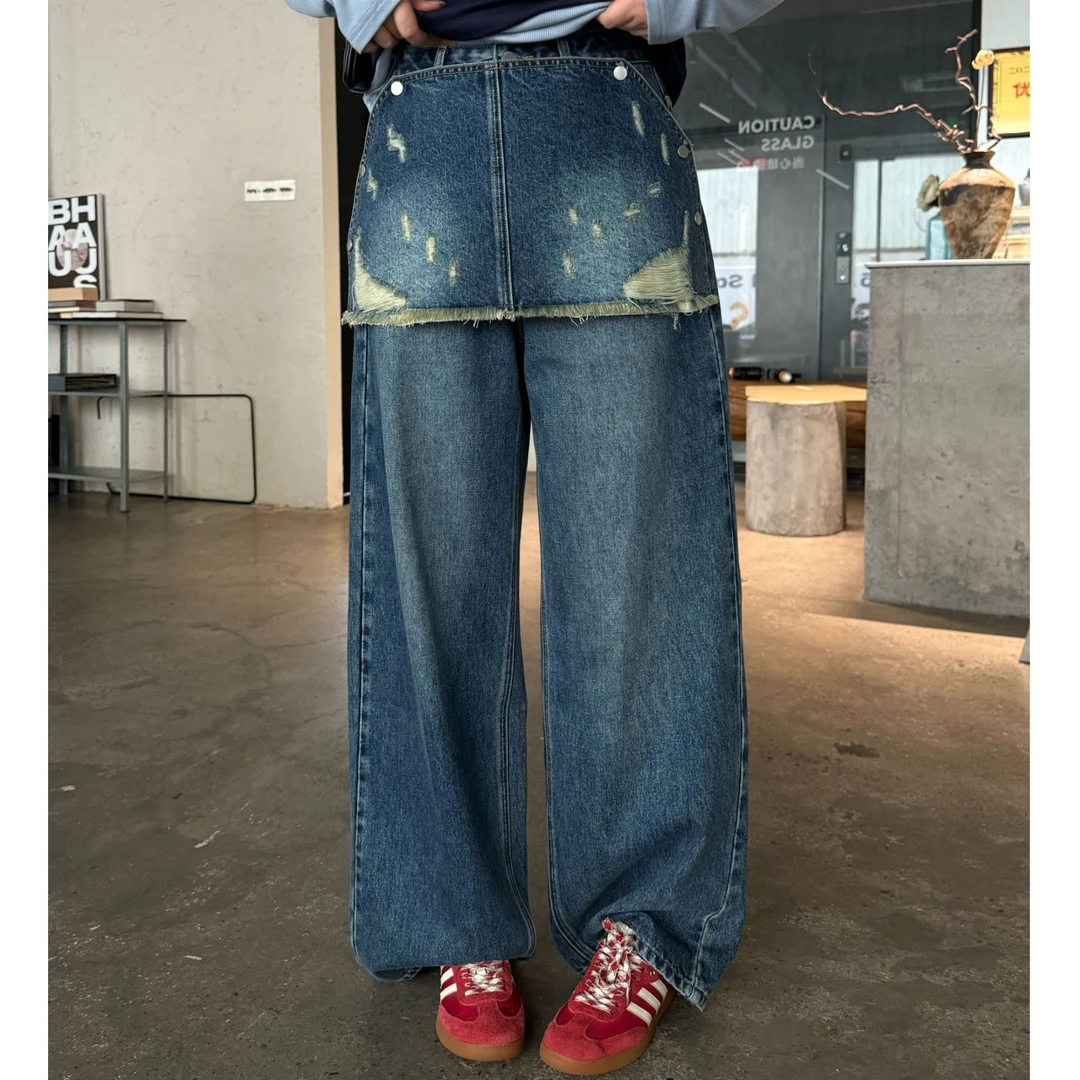 晶咕软软【心机屁帘牛仔裤】韩系休闲设计感毛边破洞拆卸挡片牛仔裤