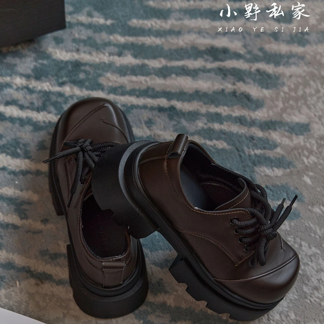 【小野私家】6CM圆头方底系带厚底增高显瘦大头皮鞋松糕英伦乐福鞋