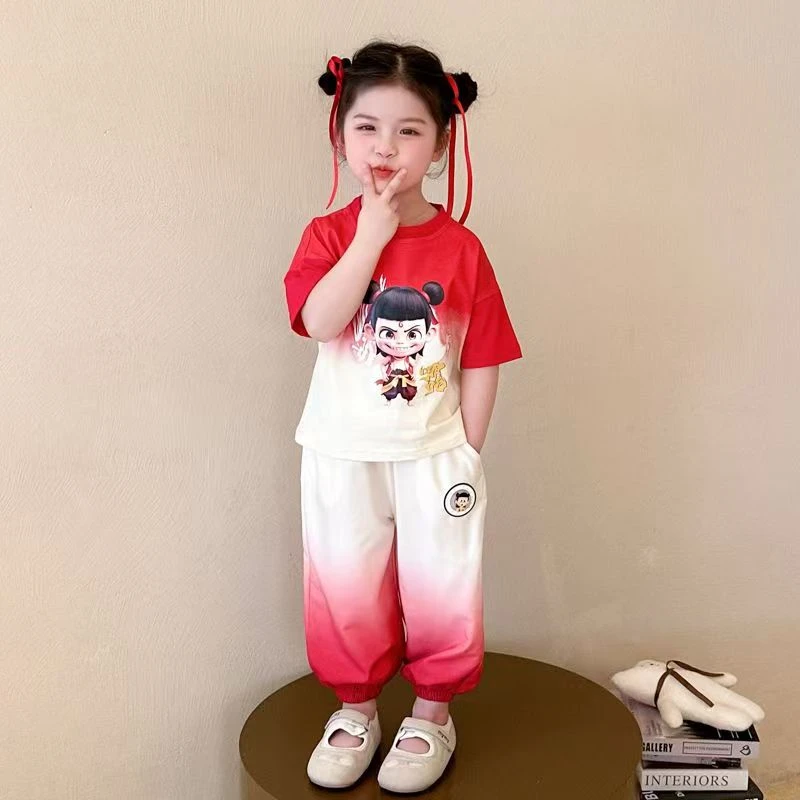女儿服女童哪吒短袖套装儿童新款夏季宝宝洋气可爱休闲两件套幻彩