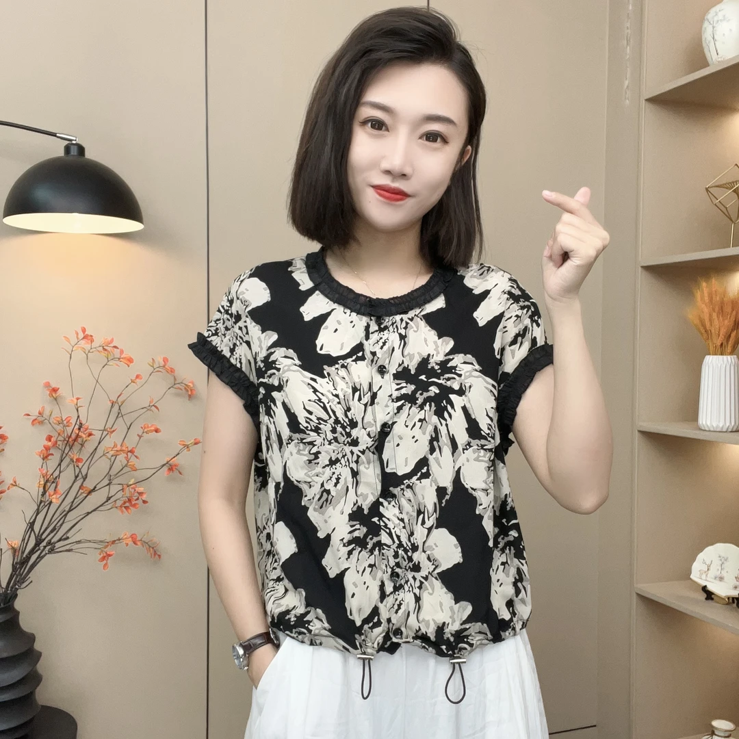 2025夏季新款透气轻薄上衣印花显瘦洋气短袖小衫-360