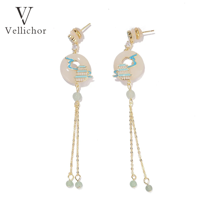 铜合金耳饰 【原创】景泰蓝兰亭集平安扣步摇耳钉新中式耳饰