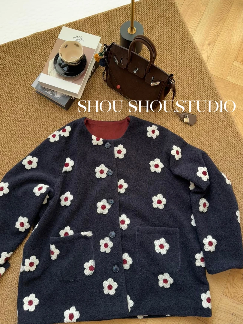 【瘦瘦】朵朵星花-大码圆领加厚立体小花百搭毛呢小香风外套S02198