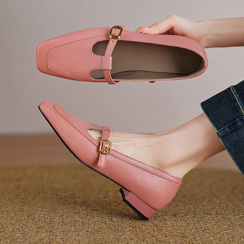 牛皮2.5cm爆款真皮单鞋女中粗跟丁字扣带百搭轻奢方头玛丽珍鞋子