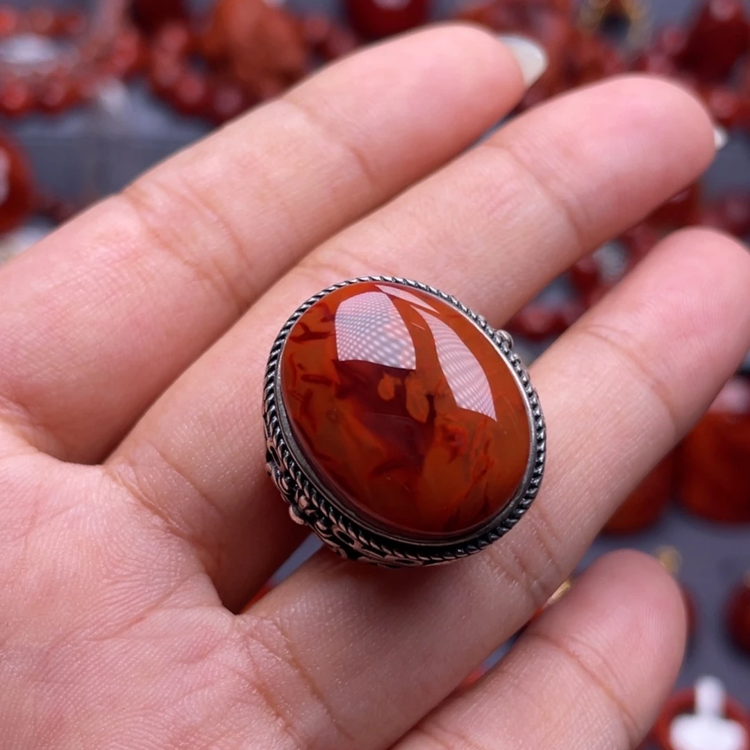南红玛瑙银S925镶嵌珠宝奇石戒指