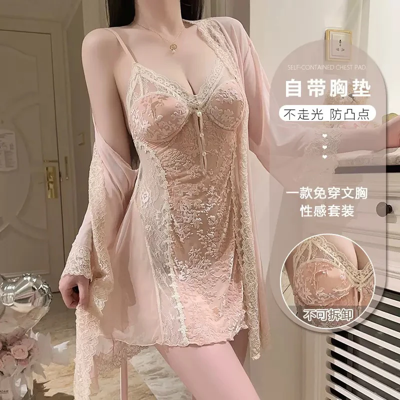 夏季性感纯欲蕾丝烧花吊带睡裙带胸垫美背设计家居服
