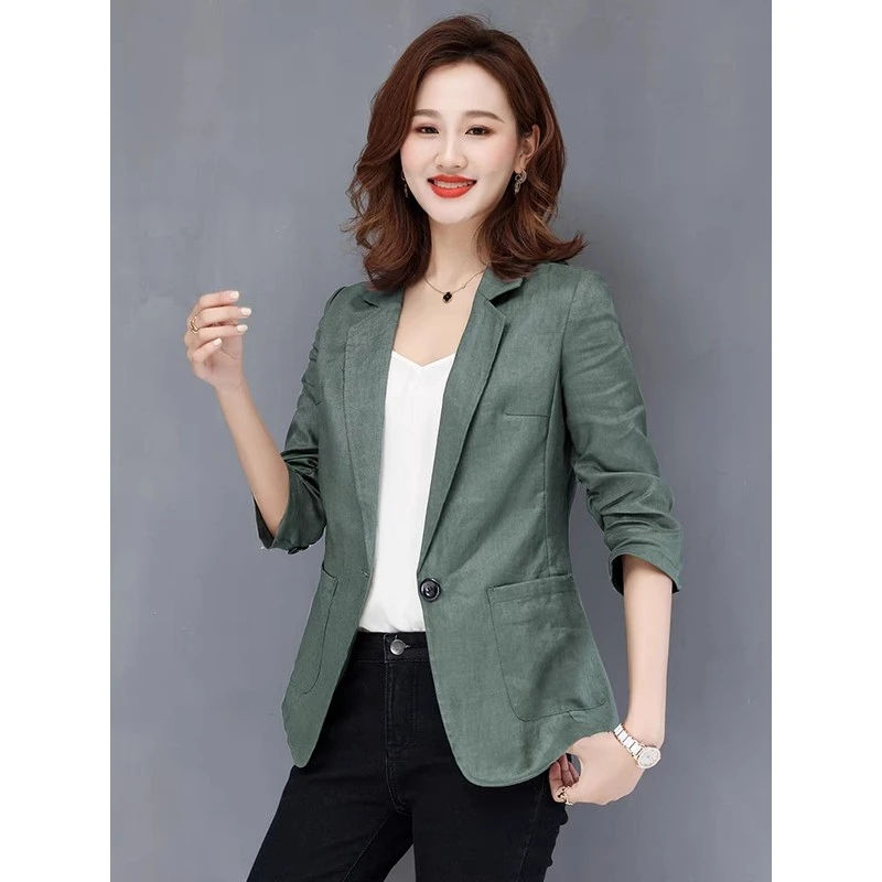 2025早春棉麻新款文艺薄款修身七分袖小西服休闲春秋亚麻女士外套
