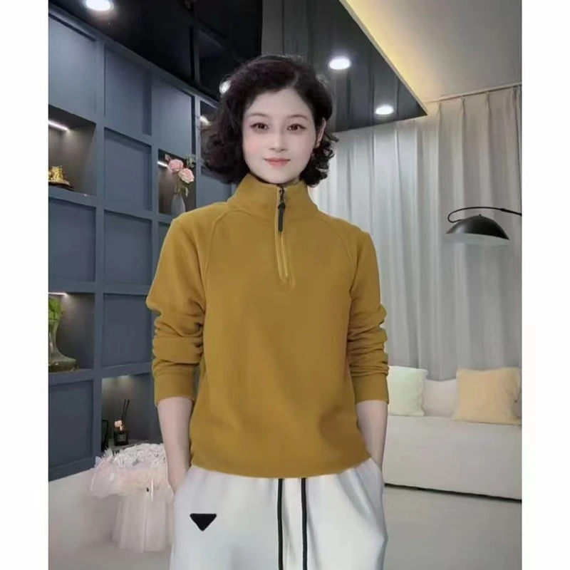 秋冬新款双面奥绒拼接立领卫衣女休闲气质女士百搭显瘦加绒打底衫