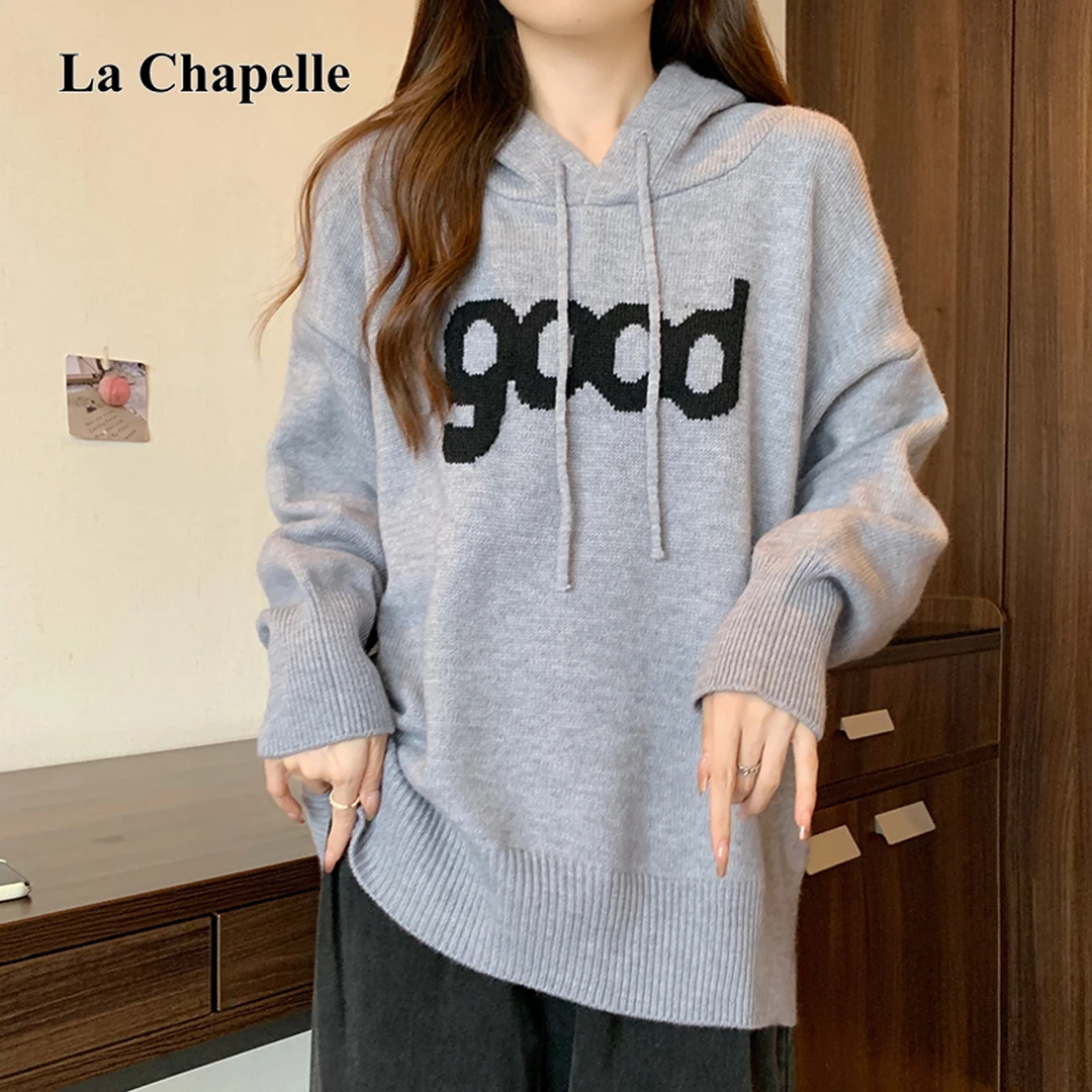 拉夏贝尔韩系针织毛衣连帽打底衫女装秋冬大码新款慵懒风上衣ins