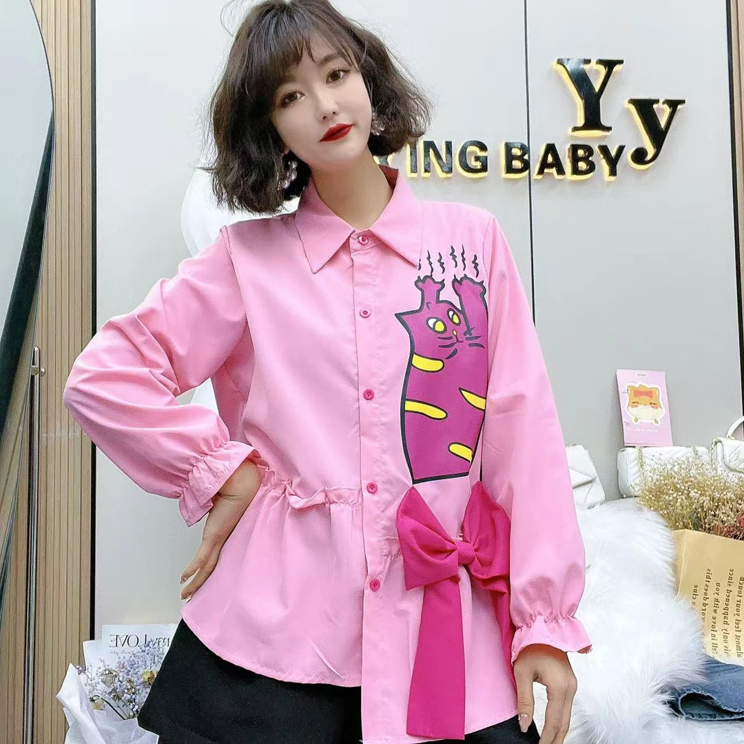 YY大码(小猫探险记)时尚百搭遮肚拼接重工高级感衬衫上衣