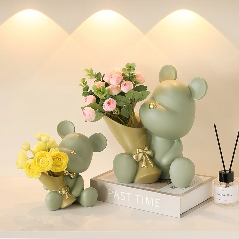 北欧创意捧花暴力熊玄关客厅摆件家居电视柜桌面装饰乔迁新居礼品
