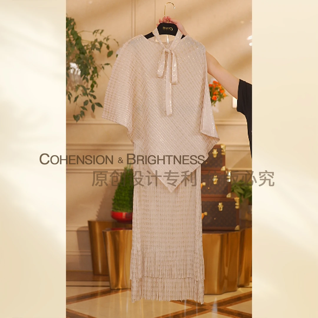 凝慧真的好【金缕摇光】春夏法式金色提花上衣+流苏半身裙套装TR226