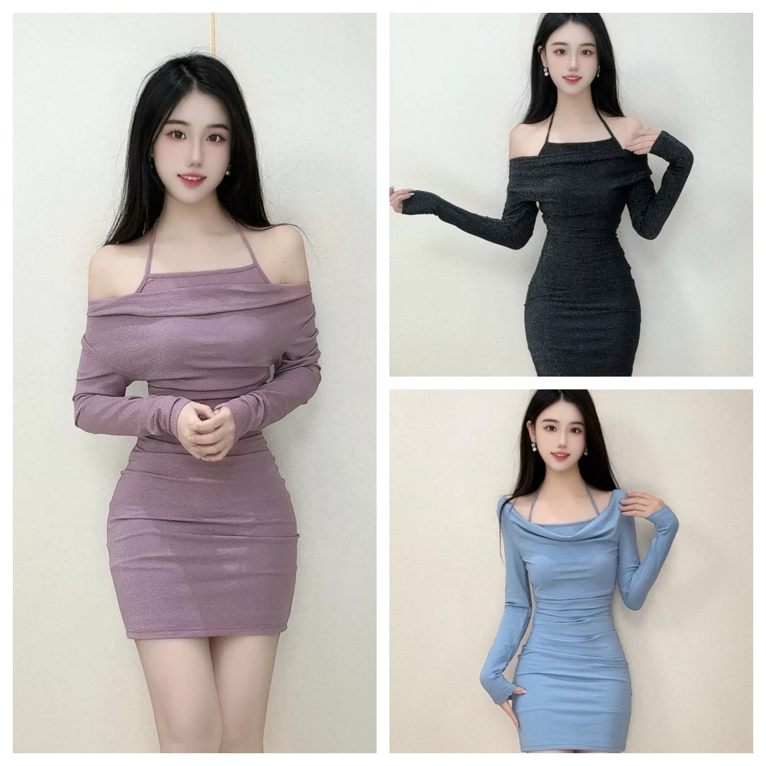 新款气质显瘦一字肩纯欲包臀裙修身褶皱连衣裙YL5-0206