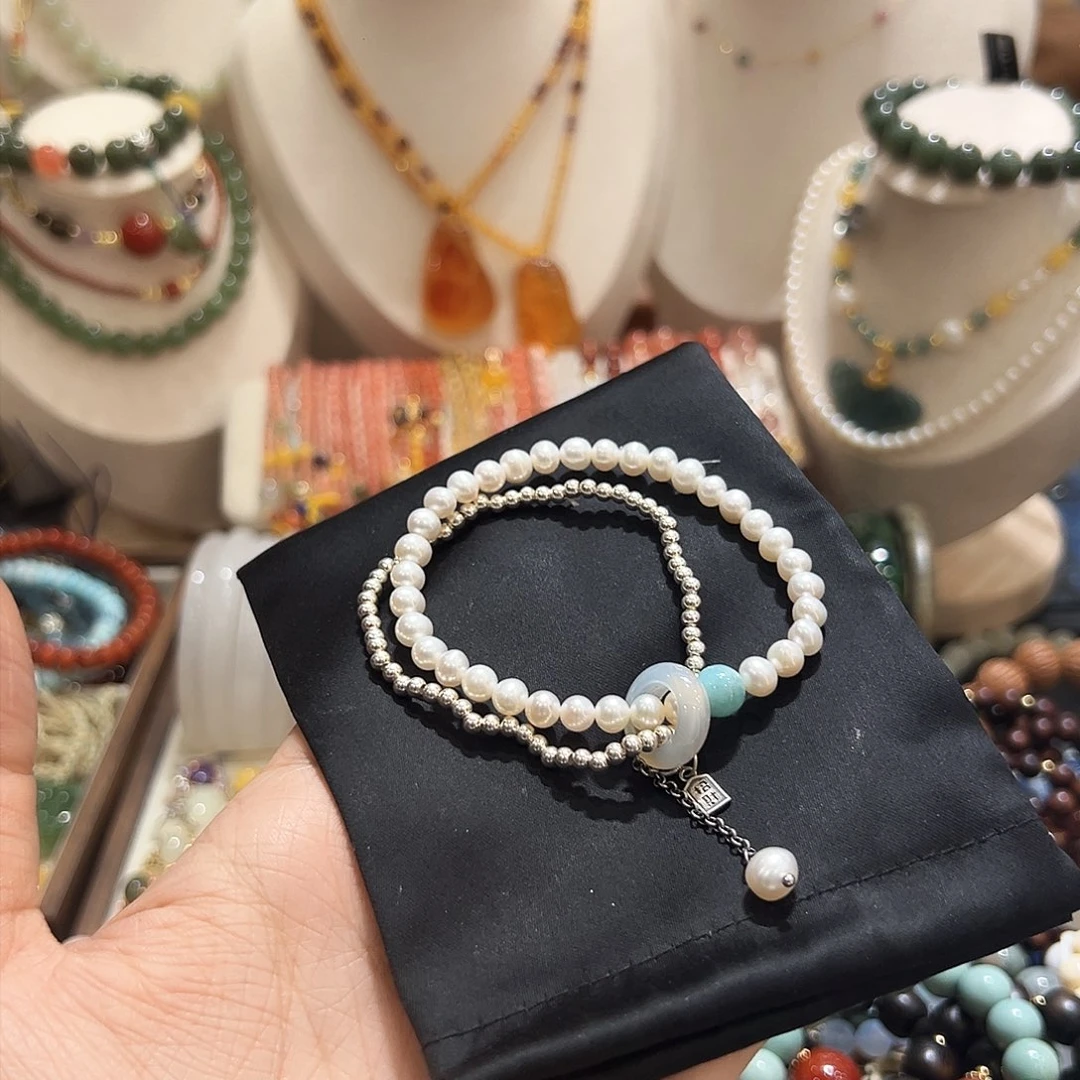 银S925镶嵌手绳淡水珍珠咖**+