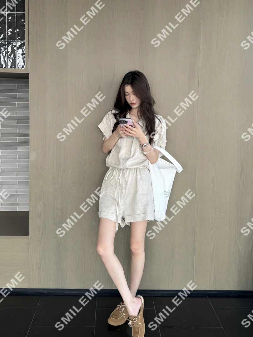 2-SMILEME【旧港工章】夏季新款’‘100%亚麻’‘设计感纯色连体上衣裤