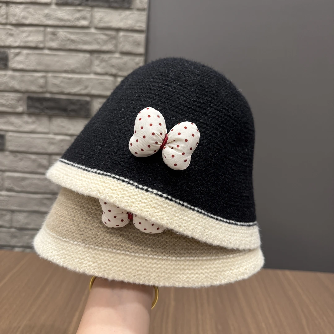 儿童帽子秋冬韩系女童甜美蝴蝶结拼色渔夫帽女宝宝洋气百搭毛线帽