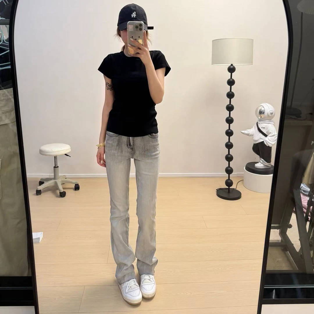 夏季薄款灰色中高腰磨破设计弹力牛仔裤紧身小微喇裤女款