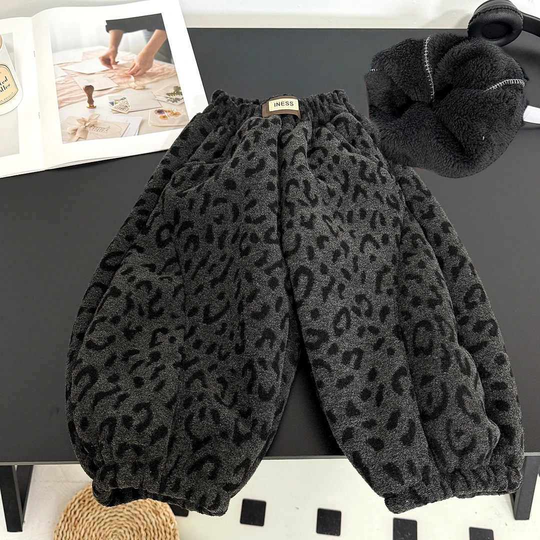 加厚葵花绒冬季加绒加厚豹纹松腰休闲束脚高级感韩版弯刀裤