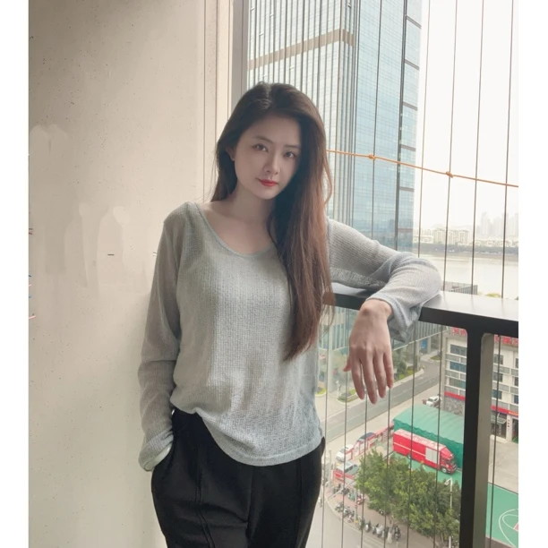 灰小猫 春季新款气质针织弹力长袖拼接吊带假两件透视感设计上衣