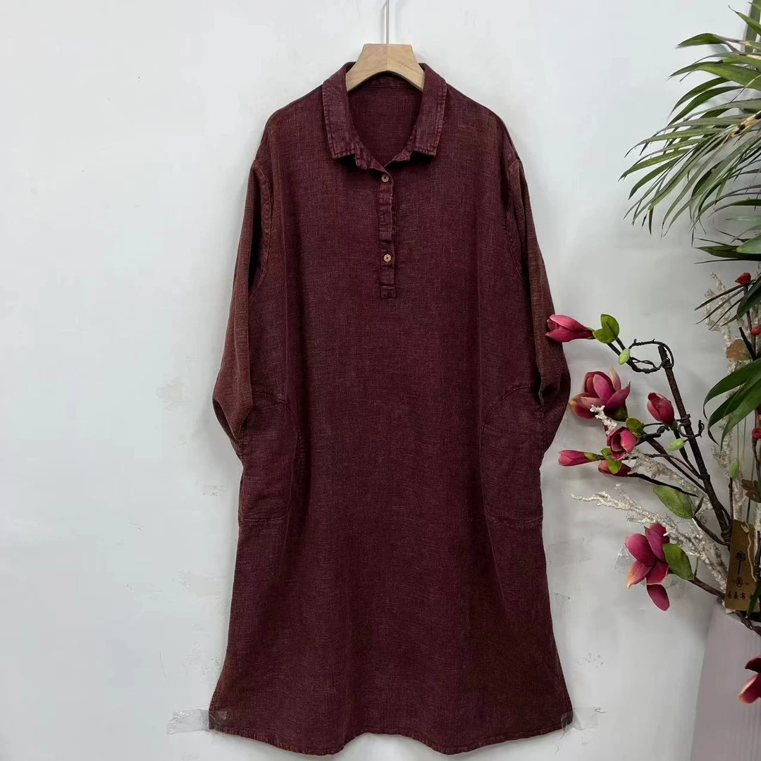 花璟原创~复古炒色做旧翻领中长款袍裙（衣长115胸围130）