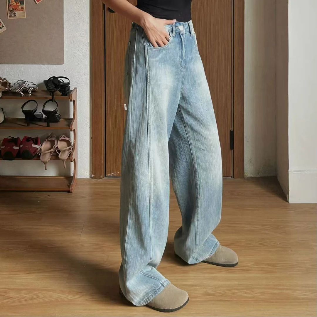 2025夏季新款牛仔裤女水洗浅蓝色竹节纹中高腰阔设计感显腿长直筒