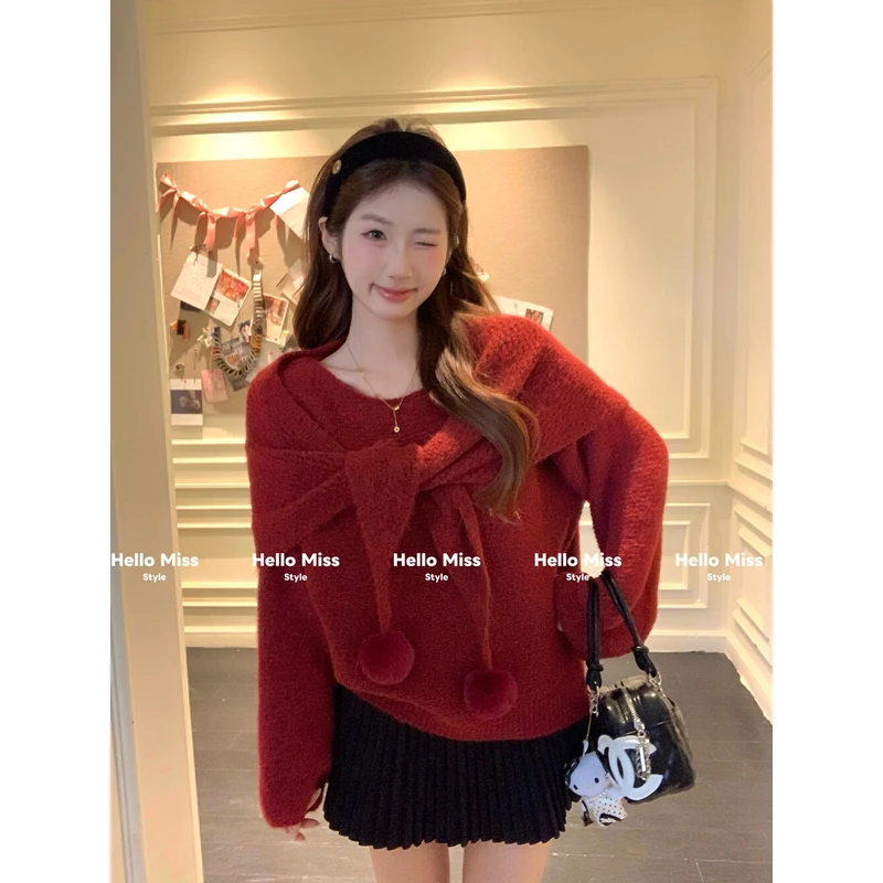 2025冬季新款复古慵懒风针织打底衫加厚圆领送围巾两件套毛衣女