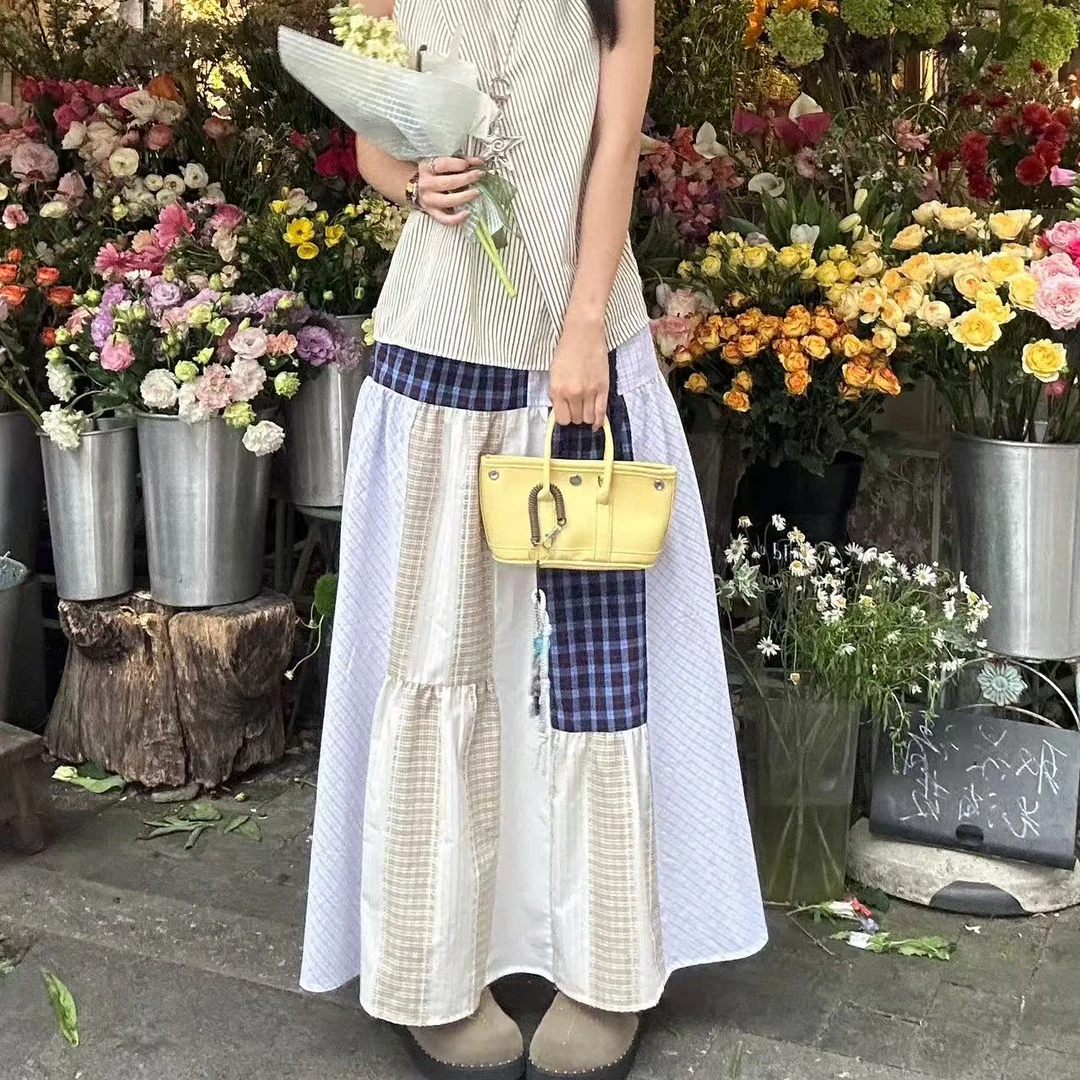Pp【拼接长裙】森系复古4种面料拼接松紧长裙子-纯棉材质#Z22760