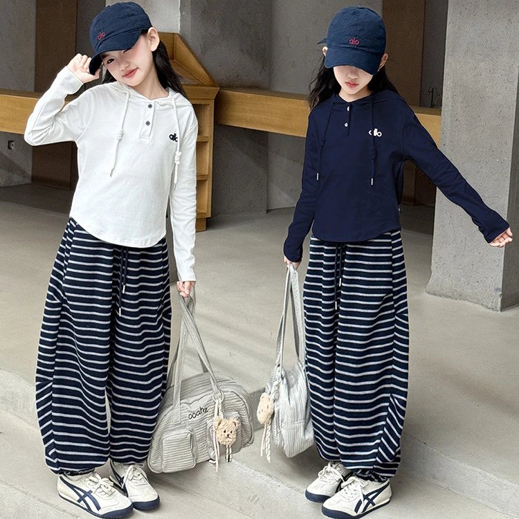 女童套装春秋连帽打底衫条纹裤子两件套2025新款洋气女孩时髦秋装