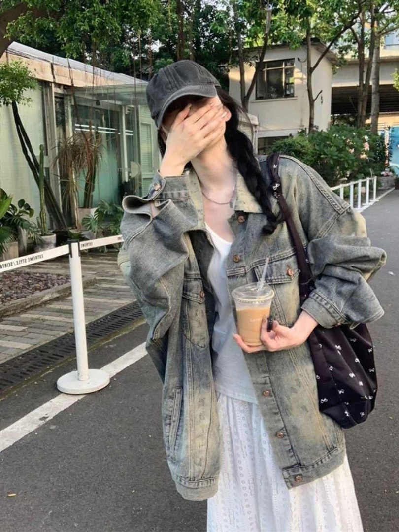 复古水洗做旧牛仔外套女2025春秋宽松oversize时尚中长款港风夹克
