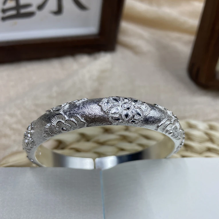 足银手镯 宝相花高浮雕足银手镯纯手工定制不退换