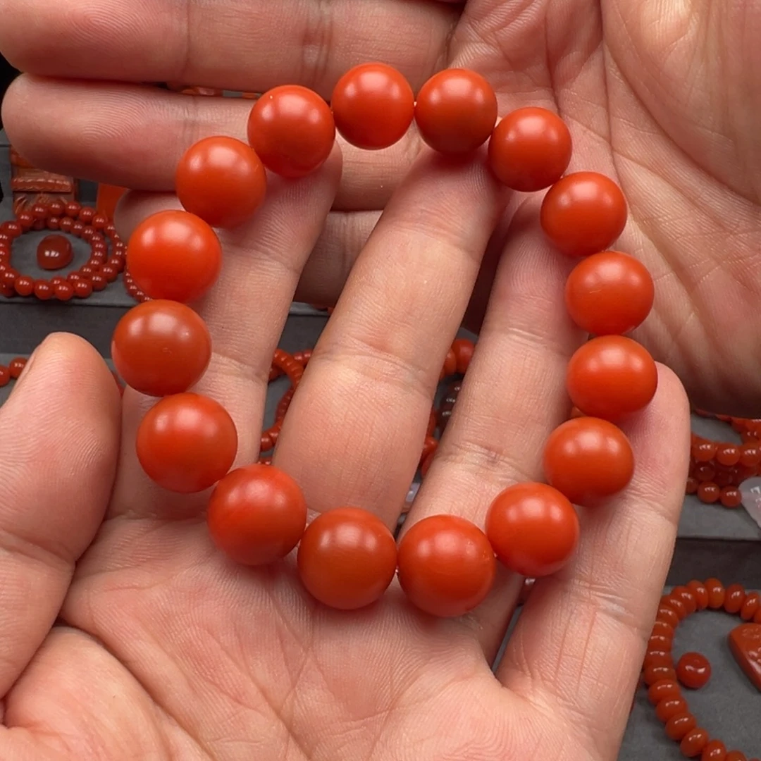 南红玛瑙未镶嵌保山杨家山柿子红满色满肉手串 12+