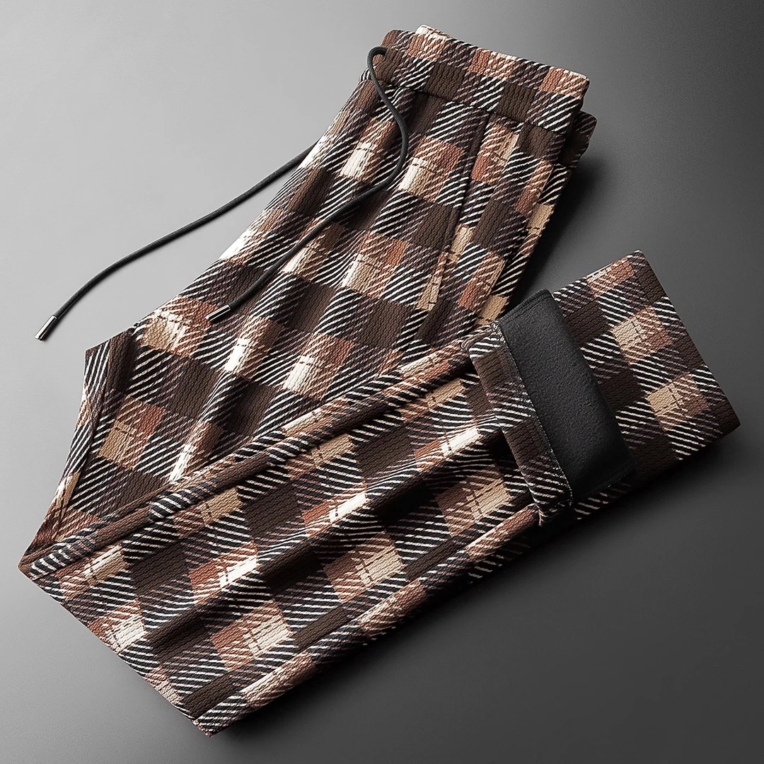 冬季高端时尚潮流色织格纹雪尼尔保暖加绒加厚男士直筒运动休闲裤