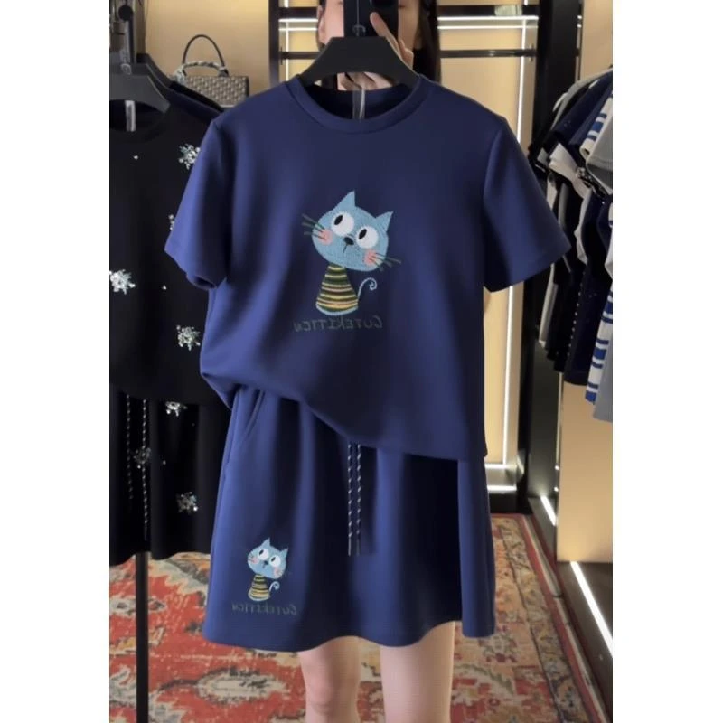 【宠粉价】卡通条纹蓝猫短袖套装裙两件套连衣裙裤JC-A3674