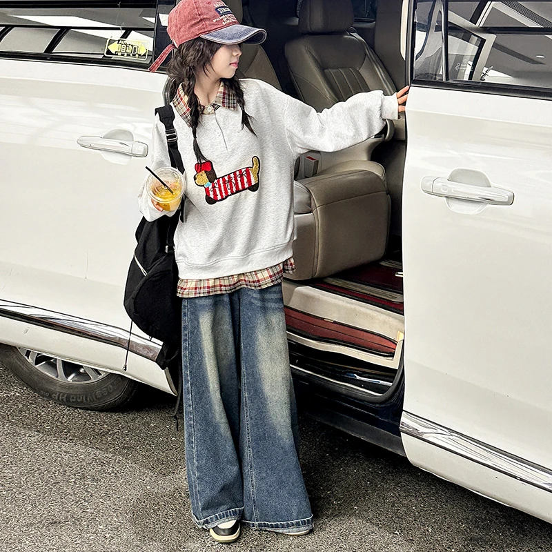 女童秋装套装2025新款大童韩版拼接假两件卫衣儿童牛仔裤两件套