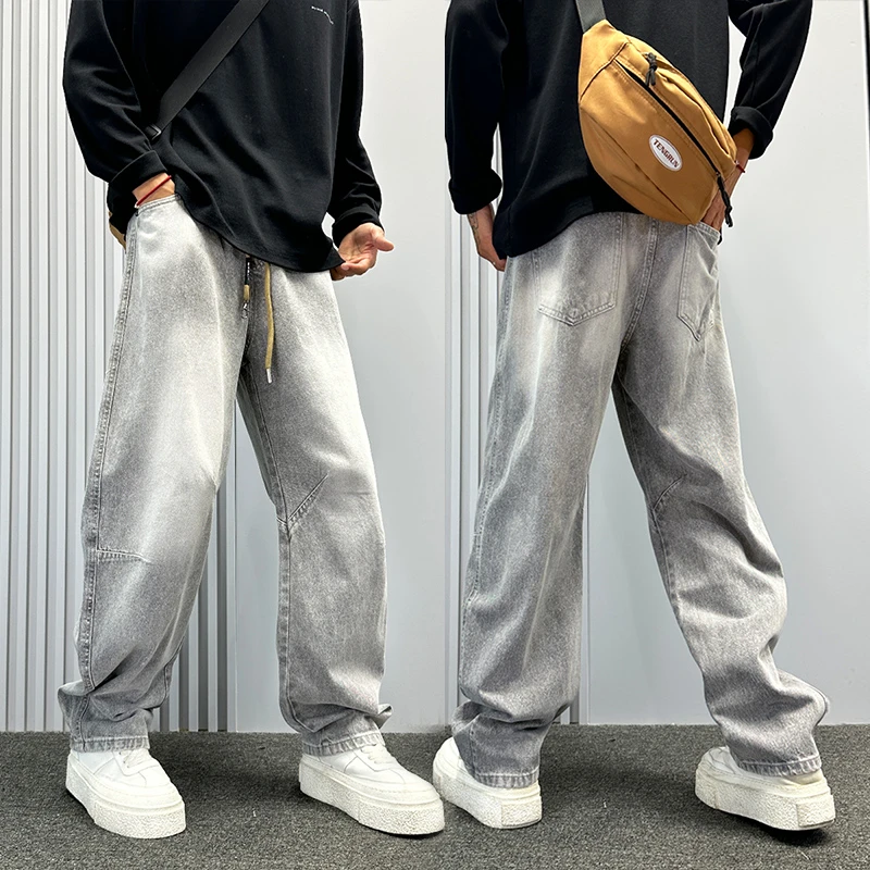烟灰色松紧腰牛仔裤男秋季新款宽松直筒裤美式潮牌圆月弯刀阔腿裤