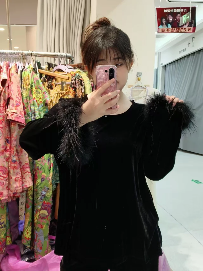 上新价～深圳6840南油高定鸵鸟毛美美袖打底衫百搭显瘦丝绒衫