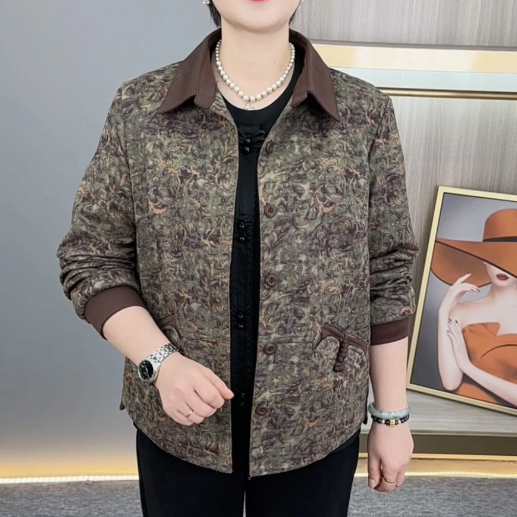 秋季新款时尚翻领碎花中老年妈妈装宽松休闲百搭长袖上衣H8816