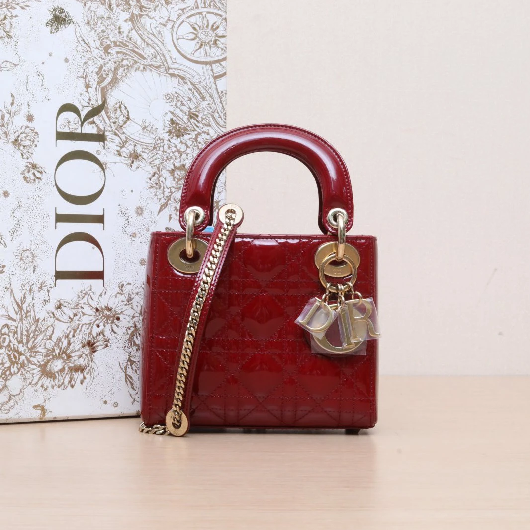 95新 DIOR/迪奥 戴妃单肩包 三格 漆皮 2017 红色 金扣P215970048